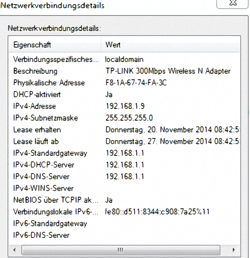 Netzwerkverbindungsdetails Netzwerkverbindungsdetails