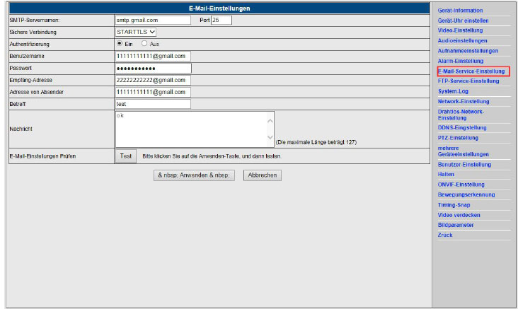 E-Mail Einstellung IP Kamera