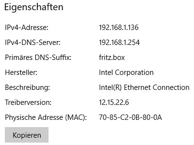 Netzwerkverbindungsdetails eines PCs Netzwerkverbindungsdetails eines PCs