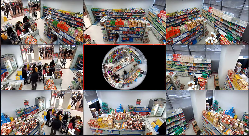 Das Videobild der 360°-IP-Kamera lässt sich problemlos in verschiedene Ansichten aufteilen Das Videobild der 360°-IP-Kamera lässt sich problemlos in verschiedene Ansichten aufteilen